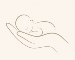 Baby's hoofdje rustend in een hand, symbool voor vroeggeboorte